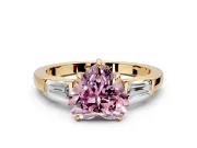 3 Stone Engagement Ring Setting for Fancy Pink Heart-Shaped Center with Baguette Accents and Prong Head in Yellow Gold