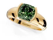 Tension Engagement Ring Setting for Fancy Green Cushion Cut Center with Wide Flat Band and Tension Head in Yellow Gold