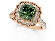 Milgrain Floral Halo Engagement Ring Setting for Fancy Green Cushion Cut Center with Pave Band and Prong Head in Rose Gold