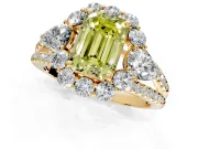 Halo Engagement Ring Setting for Fancy Yellow Emerald Cut Center with Two-Strand Split Shank and Prong Head in Yellow Gold