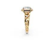 Halo Engagement Ring Setting for Radiant Cut Center with Open Scroll Shoulders and Prong Head in Yellow Gold