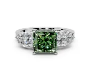 Cluster Engagement Ring Setting for Fancy Green Princess Cut Center with 2-Row Shoulder Clusters and Prong Head in Sterling Silver