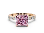 Baguette Engagement Ring Setting for Fancy Pink Princess Cut Center with Alternating Bar-Set Band and Prong Head in Rose Gold