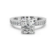 Solitaire Engagement Ring Setting for Radiant Cut Center with Milgrain-Edged Pave Band and Prong Head in Platinum