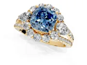 Halo Engagement Ring Setting for Fancy Blue Cushion Cut Center with Two-Strand Split Shank and Prong Head in Yellow Gold
