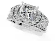 Pave Engagement Ring Setting for Princess Cut Center with Curved Accent Rows, Openwork and Prong Head in Platinum