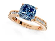 Solitaire Engagement Ring Setting for Fancy Blue Cushion Cut Center with Milgrain-Edged Pave Band and Prong Head in Rose Gold