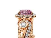 Milgrain Halo Engagement Ring Setting for Fancy Pink Cushion Cut Center with Shoulder Bezels and Prong Head in Rose Gold