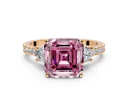 3 Stone Engagement Ring Setting for Fancy Pink Asscher Cut Center with Round Cut Side Accents and Prong Head in Rose Gold