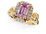 Halo Engagement Ring Setting for Fancy Pink Emerald Cut Center with Open Scroll Shoulders and Prong Head in Yellow Gold