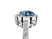Halo Engagement Ring Setting for Fancy Blue Round Cut Center with Heart-Shaped Openwork, Pave Band and Prong Head in Platinum
