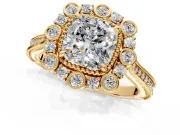 Milgrain Halo Engagement Ring Setting for Cushion Cut Center with Bezel Point Accents and Prong Head in Yellow Gold