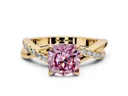 Crossover Engagement Ring Setting for Fancy Pink Cushion Cut Center with Pave and Plain Strands and Prong Head in Yellow Gold