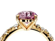 Solitaire Engagement Ring Setting for Fancy Pink Round Cut Center with Trailing Leaf Accent Band and Prong Head in Yellow Gold