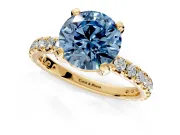 Solitaire Engagement Ring Setting for Fancy Blue Round Cut Center with Shared-Prong Accents and Prong Head in Yellow Gold