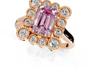Cluster Halo Engagement Ring Setting for Fancy Pink Emerald Cut Center with Milgrain Bezel Accents and Prong Head in Rose Gold