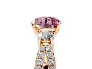 3 Stone Engagement Ring Setting for Fancy Pink Round Cut Center with Pave Split Shank and Prong Head in Rose Gold
