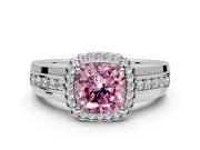 Halo Engagement Ring Setting for Fancy Pink Cushion Cut Center with Wide Band, Inlaid Accent Row and Prong Head in White Gold