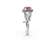 Halo Engagement Ring Setting for Fancy Pink Round Cut Center with Leaf Motif Split Shank and Prong Head in Sterling Silver