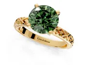 Solitaire Engagement Ring Setting for Fancy Green Round Cut Center with Milgrain X Pattern Band and Prong Head in Yellow Gold