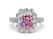 Halo Engagement Ring Setting for Fancy Pink Radiant Cut Center with Milgrain Channel Band and Prong Head in Sterling Silver