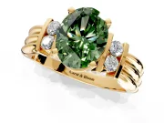 Solitaire Engagement Ring Setting for Fancy Green Oval Center with Grooved Bar Accent Band and Prong Head in Yellow Gold