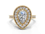 Halo Engagement Ring Setting for Pear-Shaped Center with Milgrain Frame, Pave Band and Prong Head in Yellow Gold