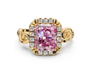 Halo Engagement Ring Setting for Fancy Pink Radiant Cut Center with Open Scroll Shoulders and Prong Head in Yellow Gold