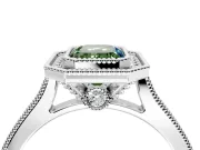 Halo Engagement Ring Setting for Fancy Green Emerald Cut Center with Milgrain Pave Band and Bezel Head in Sterling Silver