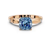 Solitaire Engagement Ring Setting for Fancy Blue Cushion Cut Center with Carved Leaf Shoulders and Prong Head in Rose Gold