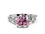 Leaf Motif Engagement Ring Setting for Fancy Pink Heart-Shaped Center with Pave Band and Prong Head in Sterling Silver