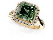 Halo Engagement Ring Setting for Fancy Green Asscher Cut Center with Twist Band and Prong Head in Yellow Gold