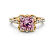 Floral Engagement Ring Setting for Fancy Pink Cushion Cut Center with Pave Band and Floral Prong Head in Yellow Gold