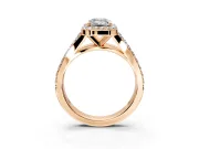 Halo Engagement Ring Setting for Emerald Cut Center with Narrow Pave Split Shank and Prong Head in Rose Gold