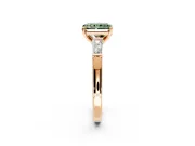 3 Stone Engagement Ring Setting for Fancy Green Radiant Cut Center with Tapered Baguettes, Plain Band and Prong Head in Rose Gold