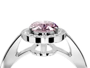 Bezel-Framed Halo Engagement Ring Setting for Fancy Pink Oval Center with Pave Band and Prong Head in Platinum