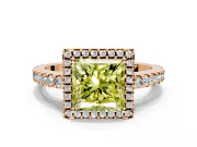 Accent Halo Engagement Ring Setting for Fancy Yellow Princess Cut Center with Full-Length Pave Band and Prong Head in Rose Gold