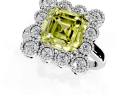 Cluster Halo Engagement Ring Setting for Fancy Yellow Asscher Cut Center with Milgrain Bezel Accents and Prong Head in Platinum