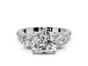 3 Stone Engagement Ring Setting for Heart-Shaped Center with Crossover Basket, Pave Band and Prong Head in Platinum
