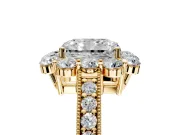 Halo Engagement Ring Setting for Radiant Cut Center with Milgrain Channel Band and Prong Head in Yellow Gold
