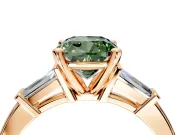 3 Stone Engagement Ring Setting for Fancy Green Cushion Cut Center with Channel Baguette Accents and Prong Head in Rose Gold