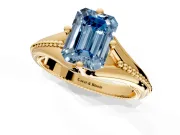 Solitaire Engagement Ring Setting for Fancy Blue Emerald Cut Center with Milgrain Cathedral Band and Prong Head in Yellow Gold