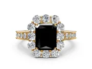 Halo Engagement Ring Setting for Fancy Black Radiant Cut Center with Milgrain Channel Band and Prong Head in Yellow Gold