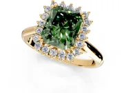 Starburst Halo Engagement Ring Setting for Fancy Green Radiant Cut Center with Thin Round-Wire Band and Prong Head in Yellow Gold