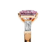 3 Stone Engagement Ring Setting for Fancy Pink Radiant Cut Center with Tapered Baguettes, Plain Band and Prong Head in Rose Gold
