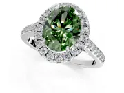 Halo Engagement Ring Setting for Fancy Green Oval Center with Narrowing Pave Band and Prong Head in Sterling Silver