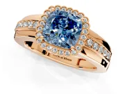 Halo Engagement Ring Setting for Fancy Blue Cushion Cut Center with Wide Band, Inlaid Accent Row and Prong Head in Rose Gold