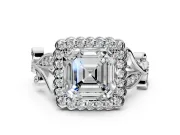 Halo Engagement Ring Setting for Asscher Cut Center with Leaf Motif Split Shank and Prong Head in Platinum