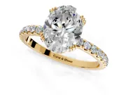 Solitaire Engagement Ring Setting for Oval Center with Pave Band and Claw Prong Head in Yellow Gold