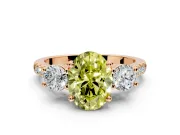 3 Stone Engagement Ring Setting for Fancy Yellow Oval Center with Crossover Basket, Pave Band and Prong Head in Rose Gold